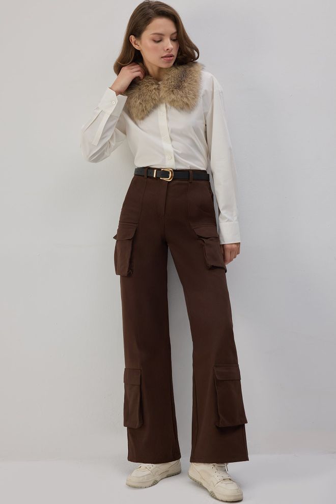 Touche Prive Pantaloni Cargo Maro Cu Talie Înaltă Și Picior Larg Îmbrăcăminte cu ridicata Casual