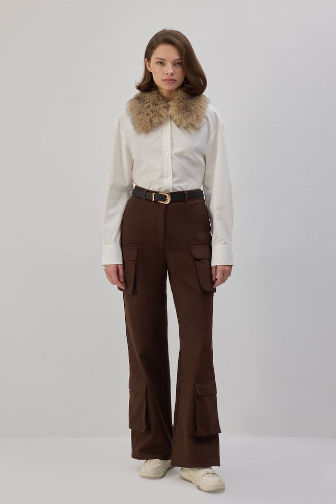 Touche Prive Brown Cargo Pants With High Waist And Wide Legs Wholesale Clothing Lounge