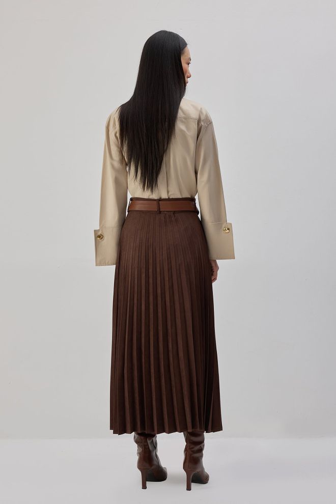 Touche Prive Saia Plissada Maxi Castanha Elegante Roupas por atacado 5