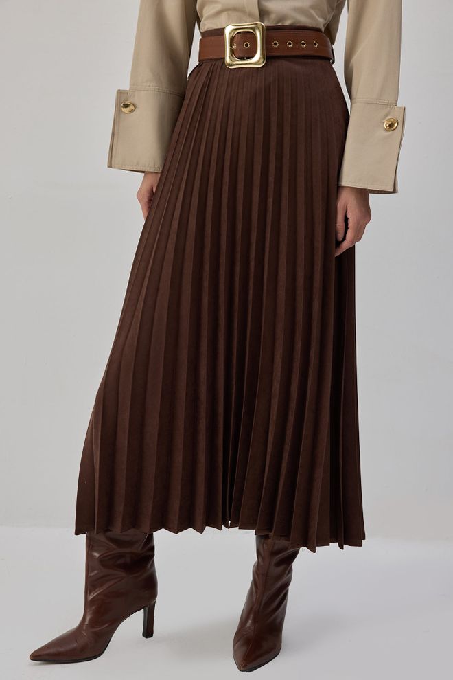 Touche Prive Saia Plissada Maxi Castanha Elegante Roupas por atacado Vintage