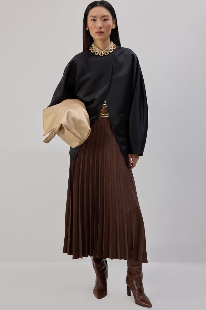 Touche Prive Saia Plissada Maxi Castanha Elegante Roupas por atacado Trabalho