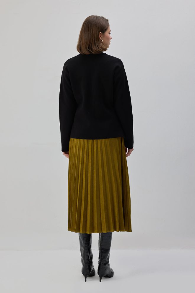 Touche Prive Saia Midi Plissada Elegante Cáqui Cintura Alta Roupas por atacado 5