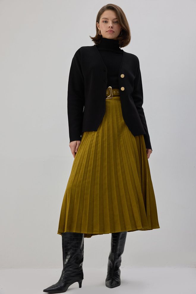 Touche Prive Saia Midi Plissada Elegante Cáqui Cintura Alta Roupas por atacado 1