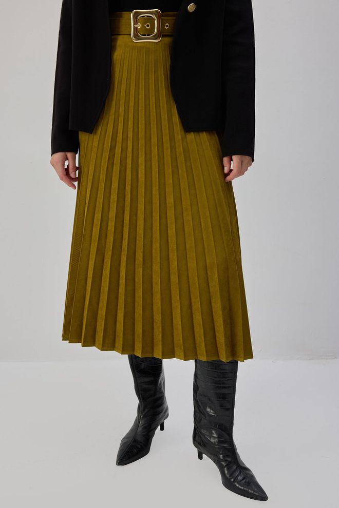 Touche Prive Saia Midi Plissada Elegante Cáqui Cintura Alta Roupas por atacado Trabalho