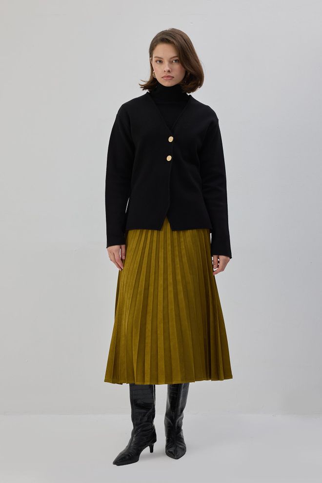 Touche Prive Saia Midi Plissada Elegante Cáqui Cintura Alta Roupas por atacado Formal