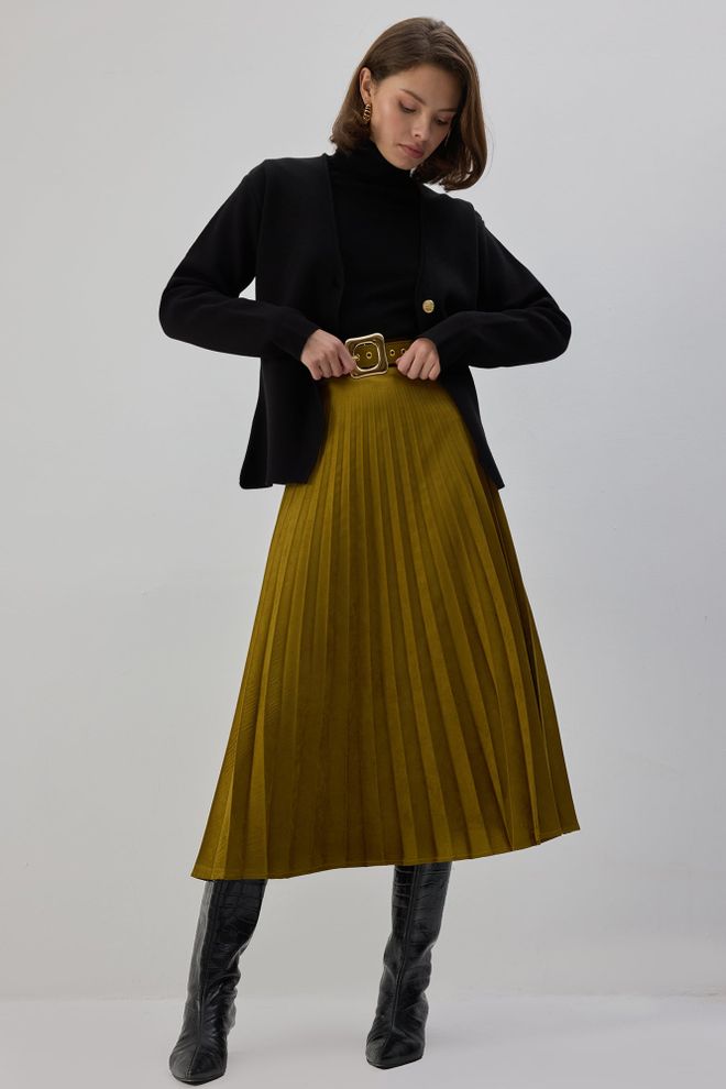 Touche Prive Saia Midi Plissada Elegante Cáqui Cintura Alta Roupas por atacado Primavera