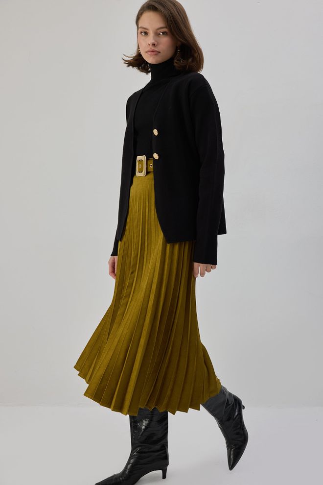 Touche Prive Fustă Plisată Midi Elegantă Kaki Cu Talie Înaltă Îmbrăcăminte cu ridicata Vintage