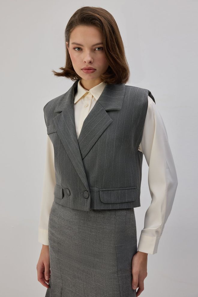 Touche Prive Vestă Gri În Dungi Formală Cu Buzunare Cu Clapetă Butonate Îmbrăcăminte cu ridicata Vintage