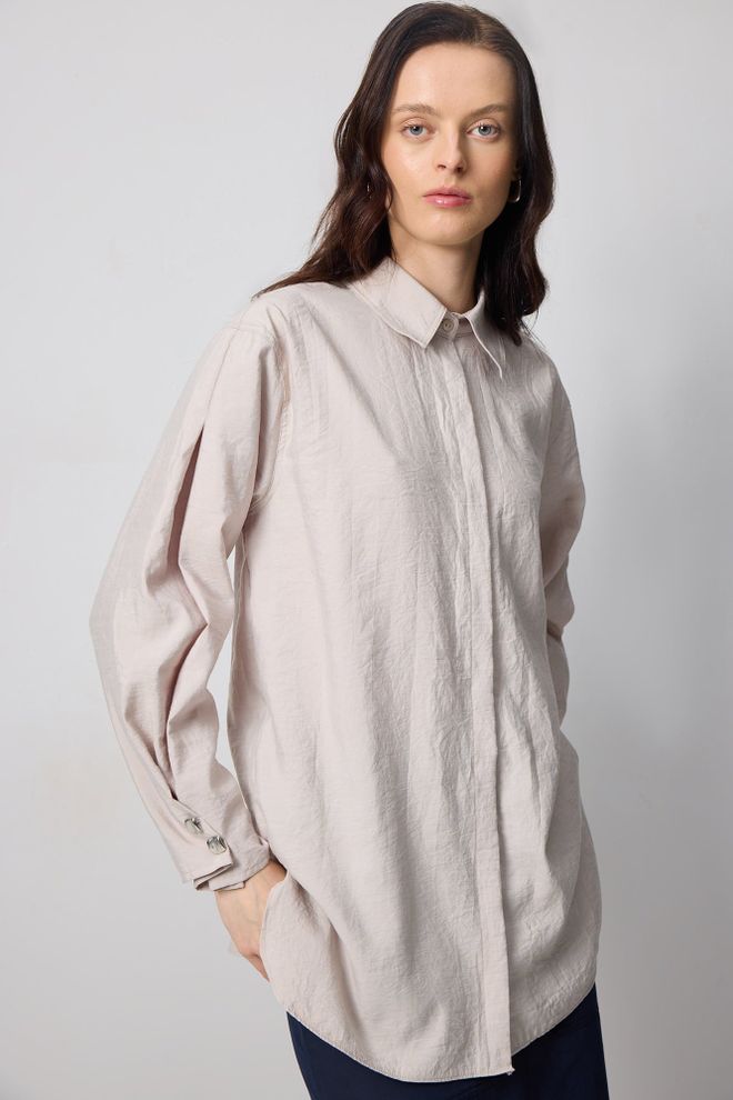 Touche Prive Beige Elegant Casual Buttoned Shirt Wholesale Clothing Modest