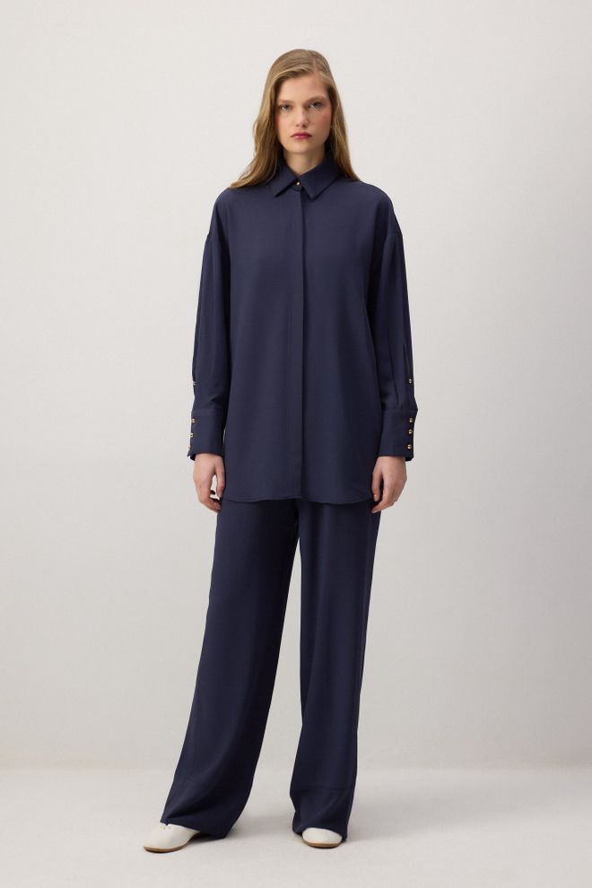 Touche Prive جلس الأزرق الداكن بدلة بالازو كاجوال أنيقة ملابس بالجملة محتشم