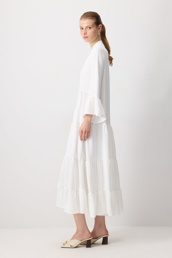 Touche Prive Witte Shirtjurk Met Ruches 3/4 Mouw Midi Groothandel Kleding Bescheiden