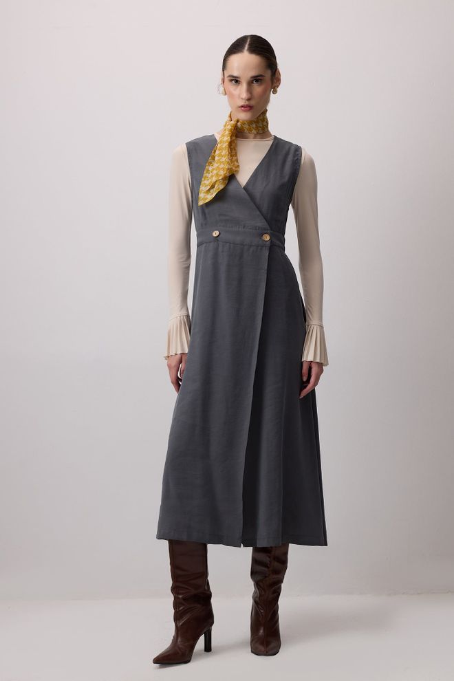 Touche Prive Vestido Gris Modesto Envolvente Con Mangas Con Volantes Ropa al por mayor Modesto