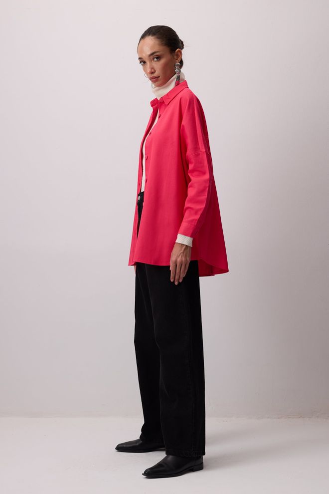 Touche Prive Chemise Rose Grande Taille Col Polo Manches Longues Vêtements en gros Décontracté