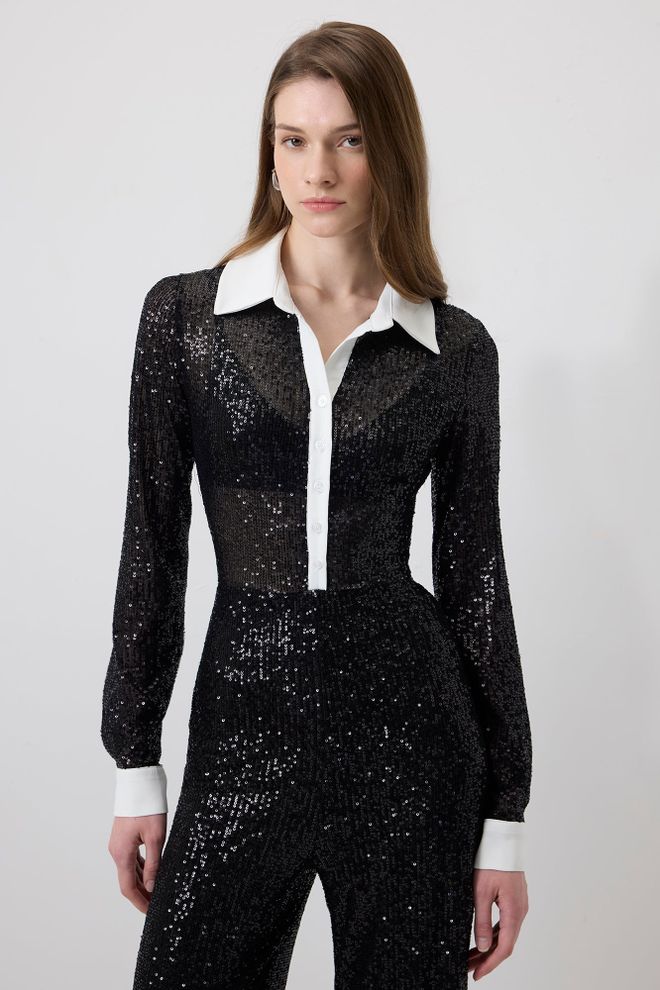 Touche Prive وزرة بريق مطرزة بالأسود بتركيب رسمي ملابس بالجملة جنسي