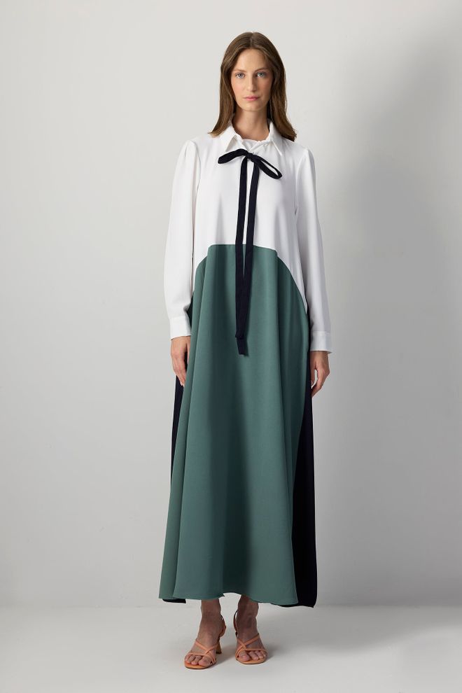 Touche Prive Vestido Blanco Color Block Maxi Camisa Cuello Chal Ropa al por mayor Modesto