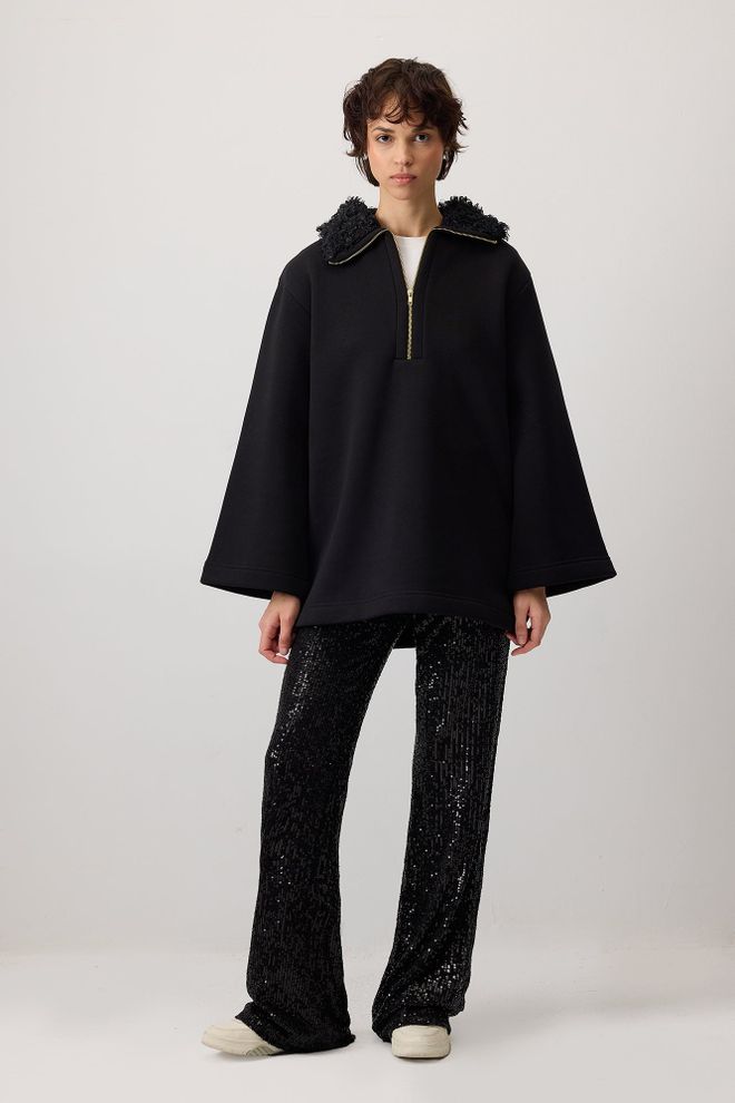 Touche Prive قميص من النوع الثقيل أسود بمقاس كبير وياقة بغطاء رأس ملابس بالجملة غير رسمي