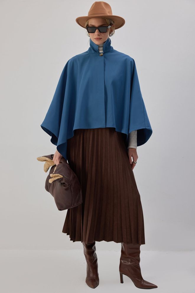 Touche Prive Blue Elegant Oversized Poncho With Polo Neck Wholesale Clothing Modest