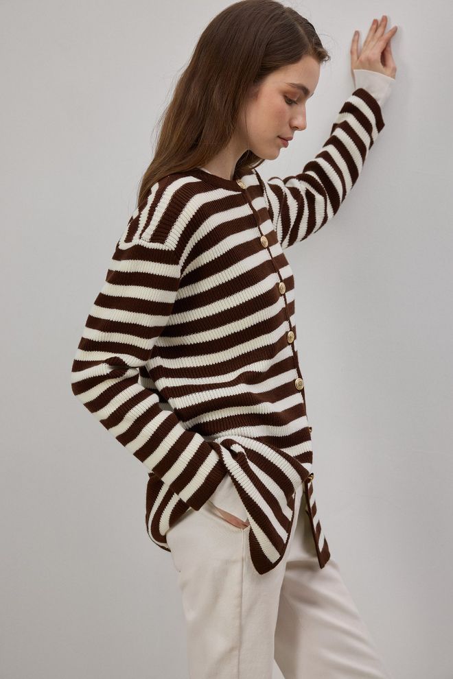 Touche Prive Brown Striped Casual Cardigan With Button Closure Wholesale Clothing 5