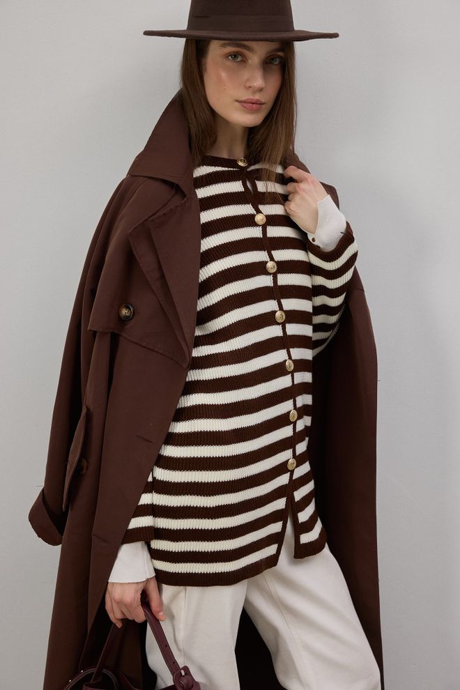 Touche Prive Brown Striped Casual Cardigan With Button Closure Wholesale Clothing Lounge