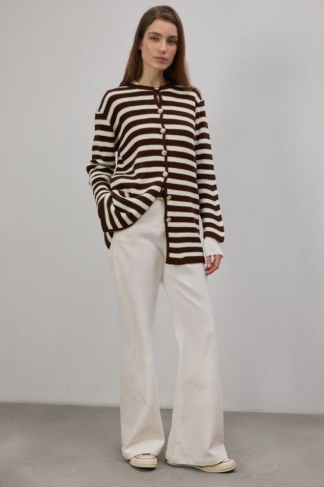 Touche Prive Brown Striped Casual Cardigan With Button Closure Wholesale Clothing Spring
