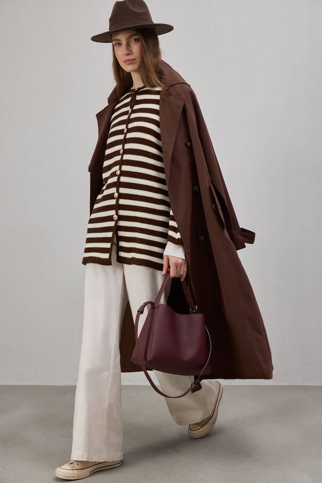 Touche Prive Brown Striped Casual Cardigan With Button Closure Wholesale Clothing Casual