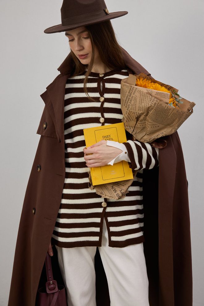 Touche Prive Brown Striped Casual Cardigan With Button Closure Wholesale Clothing 1