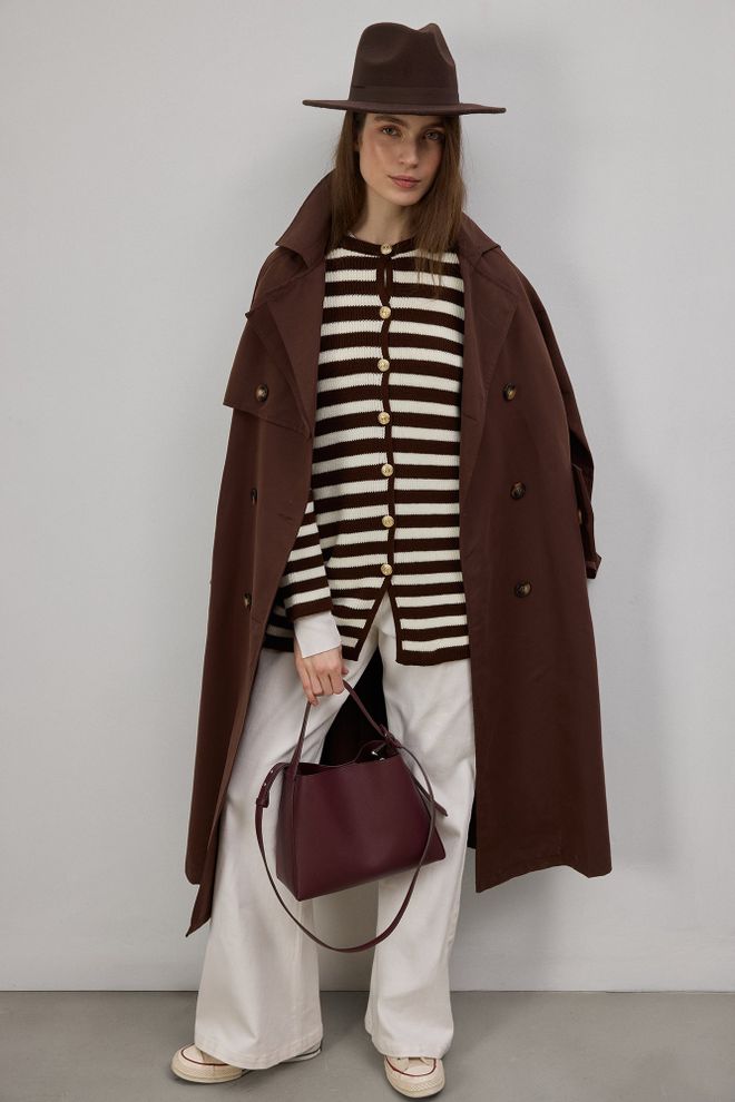 Touche Prive Brown Striped Casual Cardigan With Button Closure Wholesale Clothing Vintage