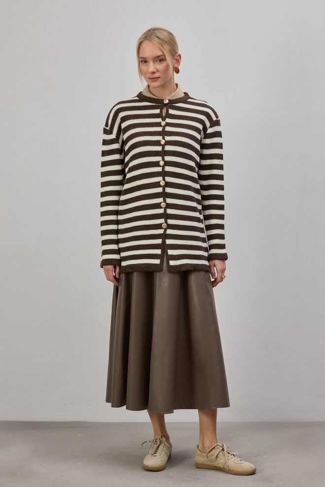 Touche Prive Brown Striped Casual Cardigan With Buttoned Closure Wholesale Clothing 5