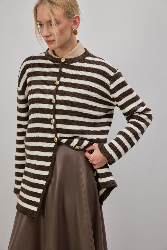 Touche Prive Brown Striped Casual Cardigan With Buttoned Closure Wholesale Clothing Vintage