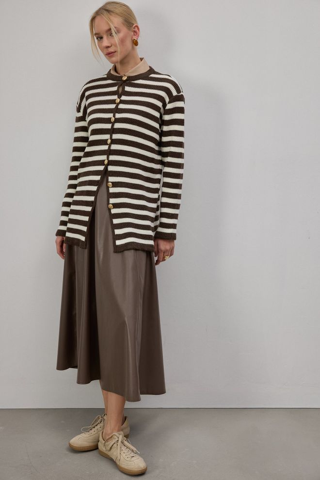 Touche Prive Brown Striped Casual Cardigan With Buttoned Closure Wholesale Clothing 1