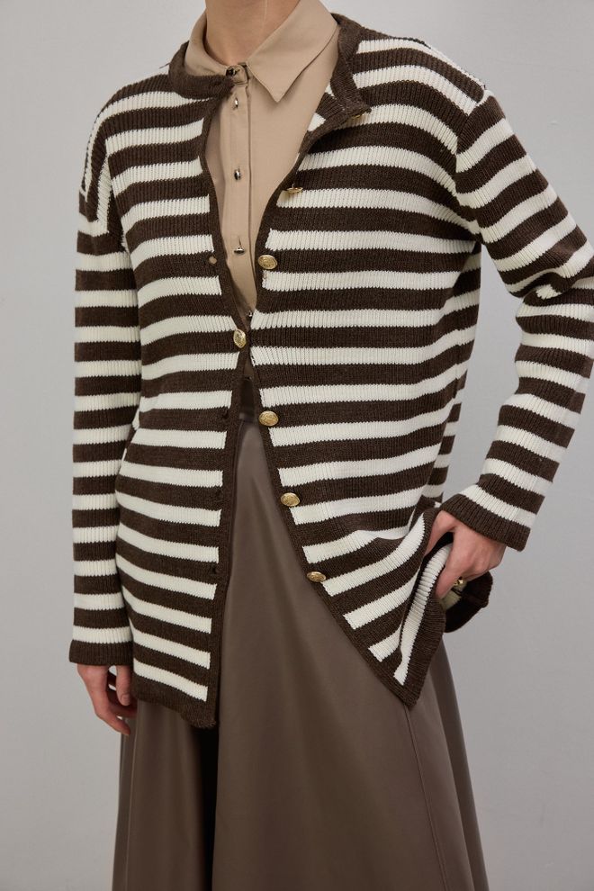 Touche Prive Brown Striped Casual Cardigan With Buttoned Closure Wholesale Clothing Casual