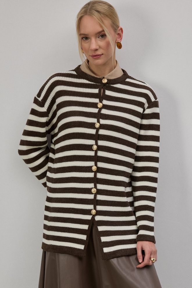 Touche Prive Brown Striped Casual Cardigan With Buttoned Closure Wholesale Clothing Lounge