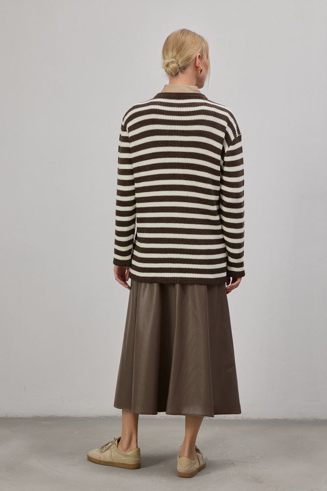 Touche Prive Brown Striped Casual Cardigan With Buttoned Closure Wholesale Clothing Work