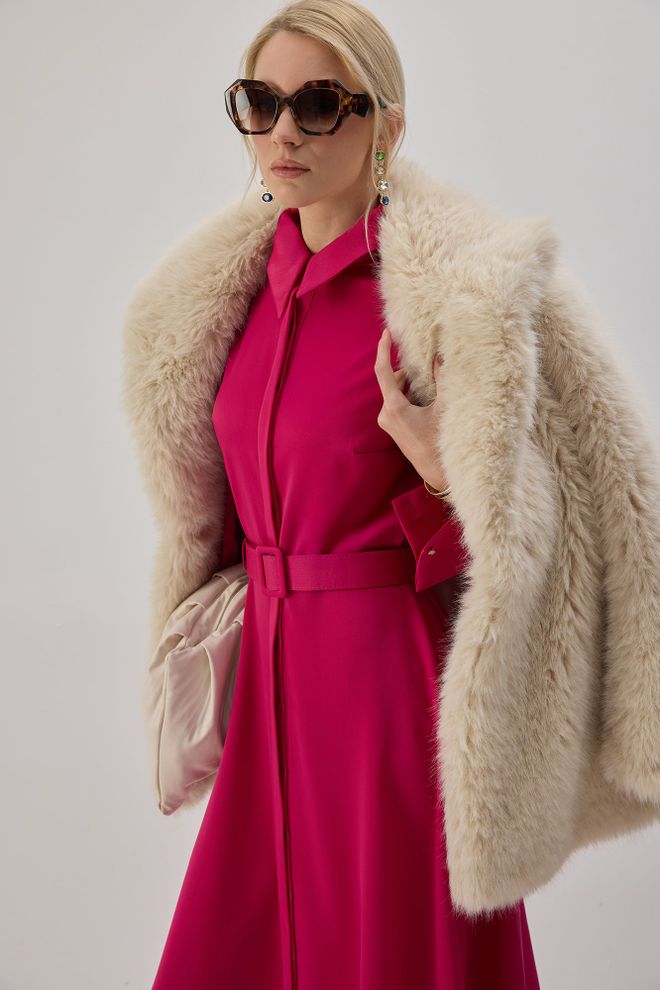 Touche Prive فستان فوشيا أنيق رسمي ماكسي قميص بياقة محززة وأكمام طويلة مستقيمة ملابس بالجملة رَسمِيّ