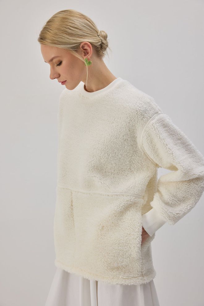 Touche Prive White Sweatshirt Oversized Fit Long Sleeve Crew Neck Wholesale Clothing Casual