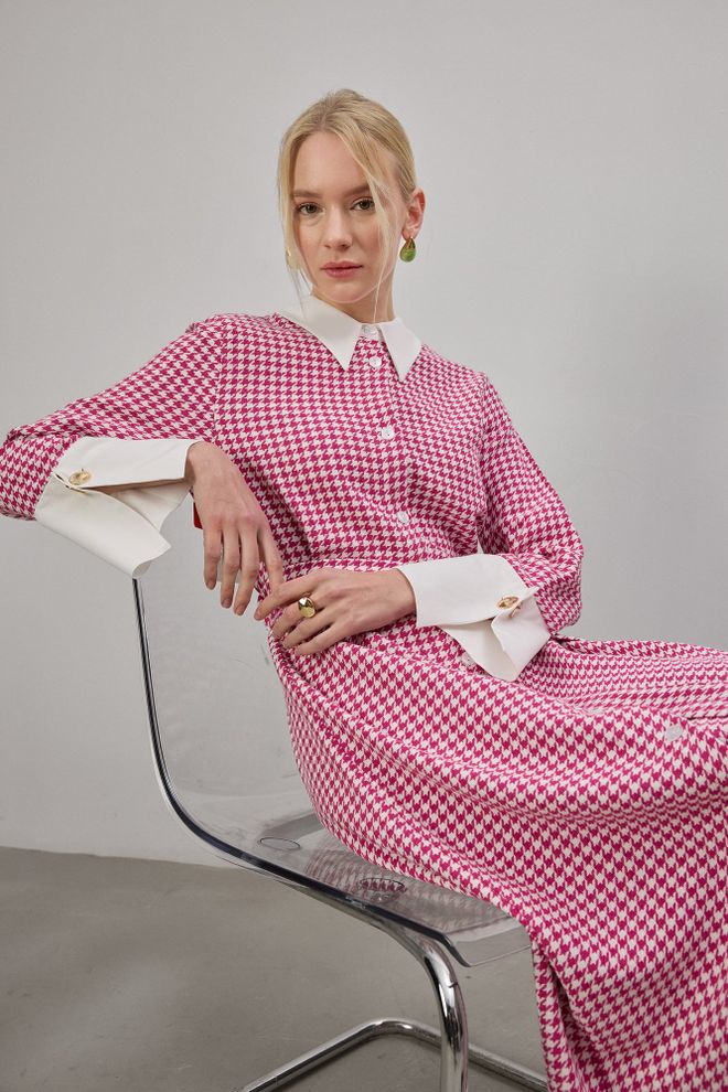 Touche Prive فستان وردي رجعي أنيق ميدي قميص ملابس بالجملة محتشم