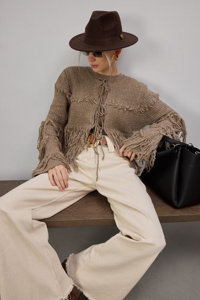 Touche Prive Braune Boho Lässige Strickjacke Mit Bindeverschluss Großhandelskleidung Lässig