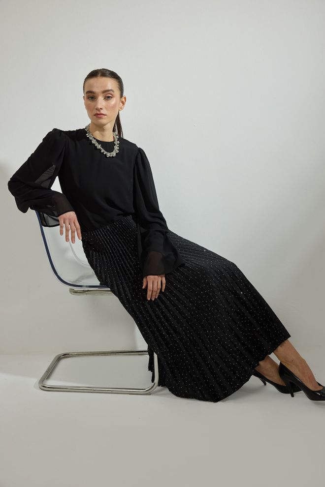 Touche Prive Eleganter Schwarzer Plissierter Maxirock Großhandelskleidung Formal