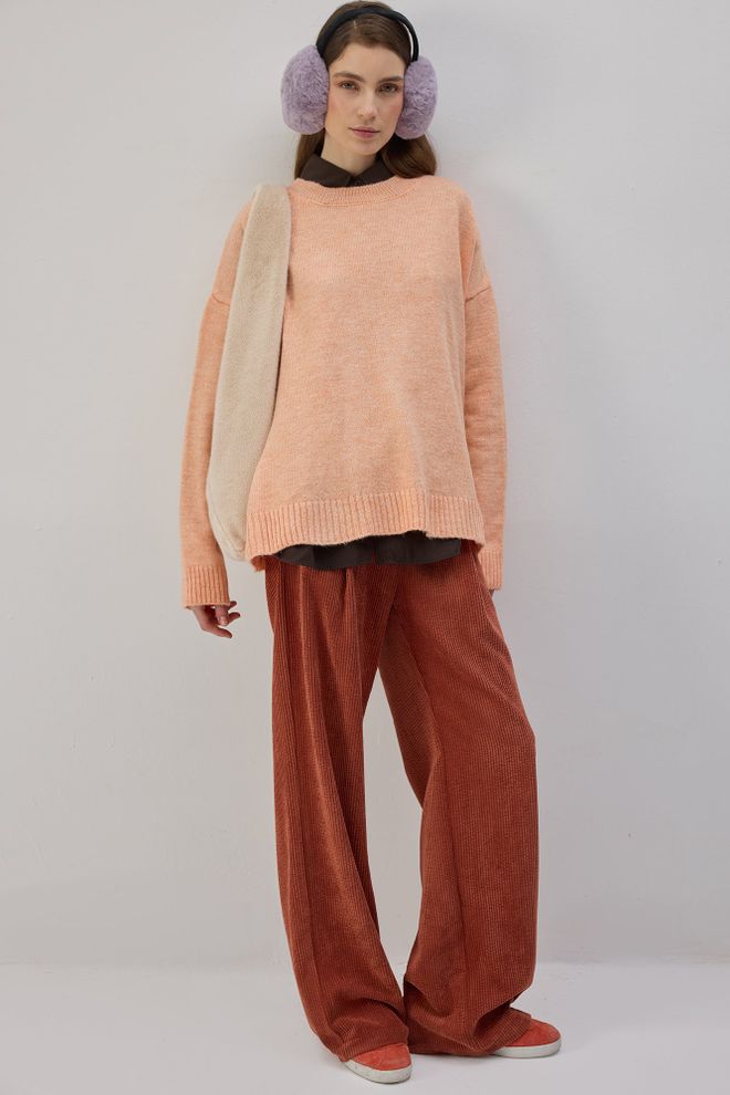 Touche Prive Beige Pullover Lässig Oversized Crew Neck Langarm Großhandelskleidung Lässig