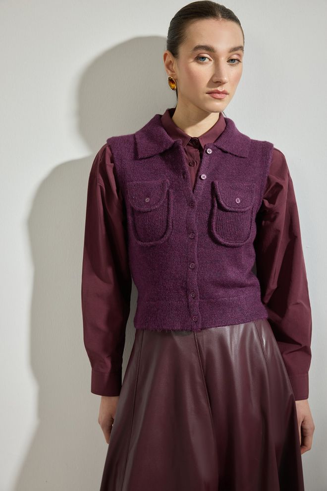 Touche Prive Mor Zarif Düğmeli Yelek Kapaklı Cep İle Toptan Giyim 1