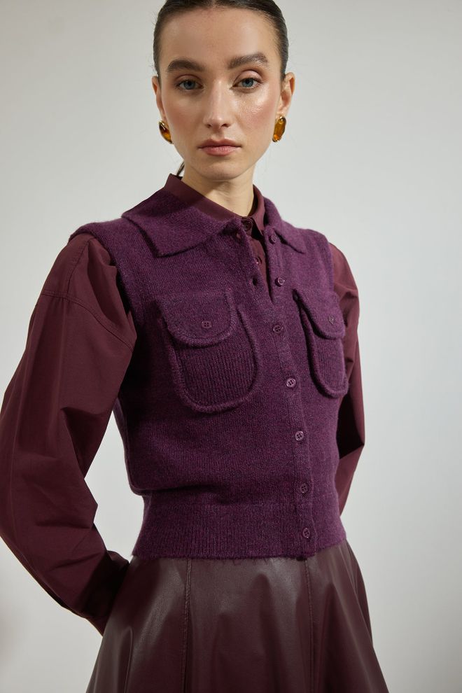 Touche Prive Mor Zarif Düğmeli Yelek Kapaklı Cep İle Toptan Giyim Ev Hali