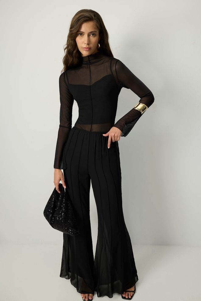 Touche Prive Siyah Zarif Palazzo Pantolon İspanyol Paçalı Toptan Giyim Yılbaşı