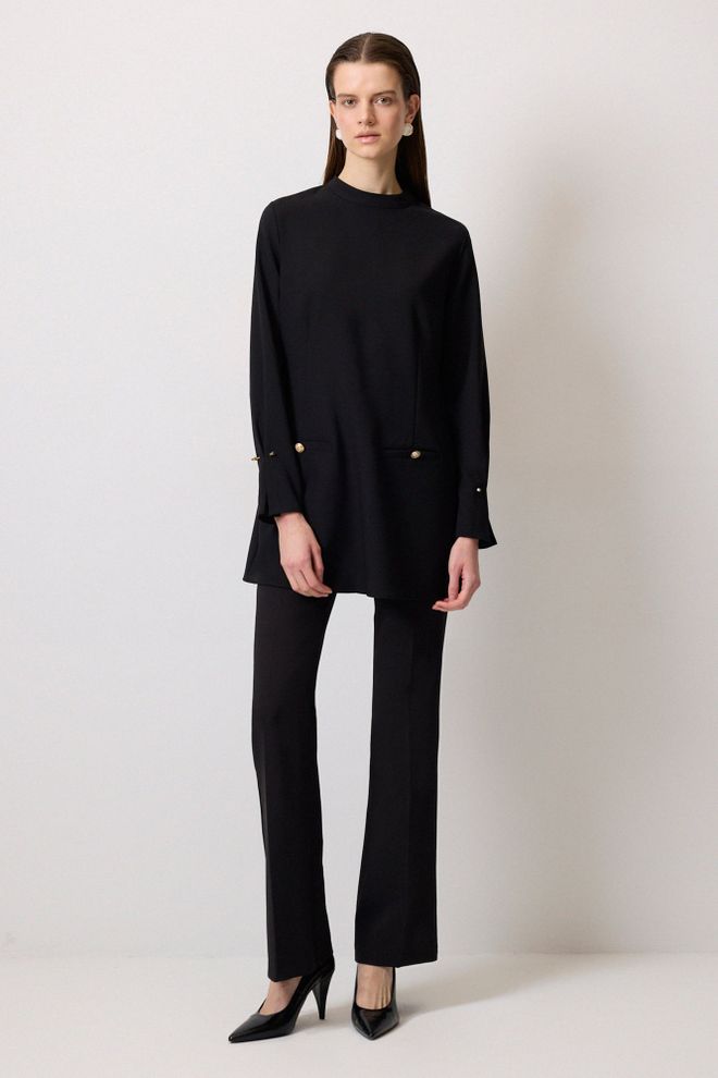 Touche Prive Túnica Negra Elegante Abotonada Con Cuello Alto Ropa al por mayor Modesto