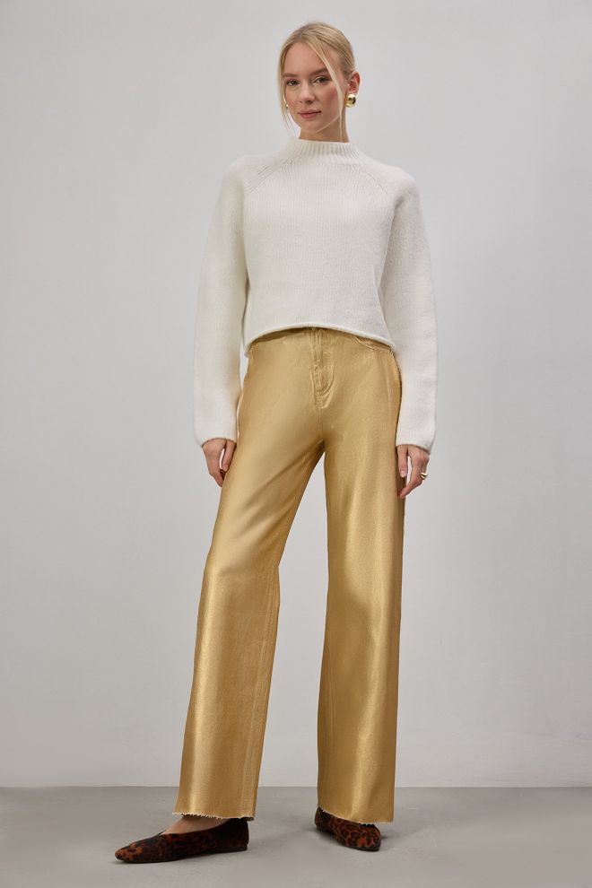 Touche Prive بنطال ذهبي أنيق بساق عريضة بليزّو طويل ملابس بالجملة غير رسمي