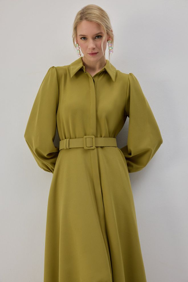 Touche Prive Khaki Elegant Maxi Shirt Dress With Shawl Collar Wholesale Clothing Work