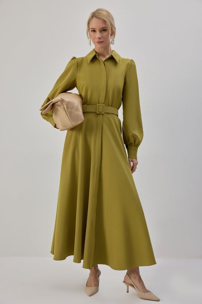 Touche Prive فستان كاكي أنيق ماكسي بقصة قميص وياقة شال ملابس بالجملة رَسمِيّ