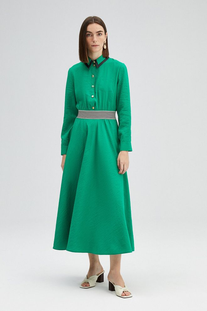 Touche Prive Robe Chemise Midi Rayée Verte Élégante Vêtements en gros Modeste