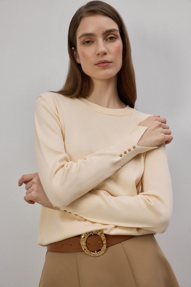 Touche Prive Maglione Beige Elegante Vestibilità Regolare Girocollo Abbigliamento all'ingrosso Casuale