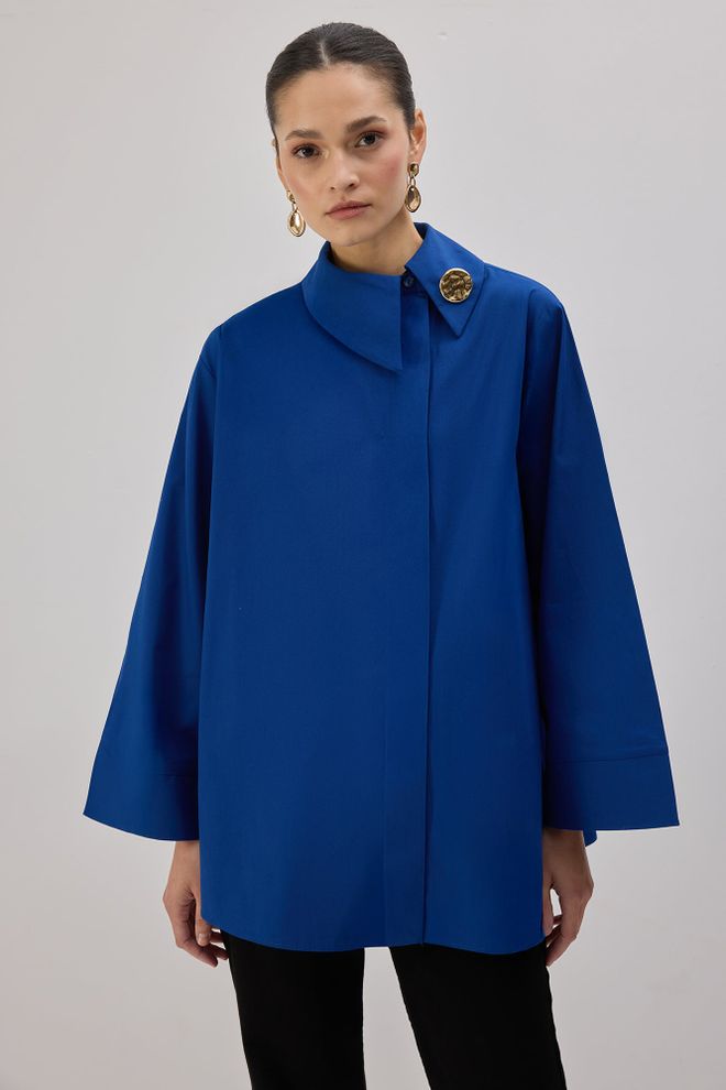 Touche Prive Mėlyna Elegantiška Formalus Oversized Marškiniai Didmeninė prekyba drabužiais Apykaklė su įkirpimu