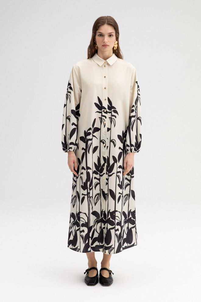 Touche Prive Vestito Camicia Midi Floreale Beige Elegante Abbigliamento all'ingrosso Modesto